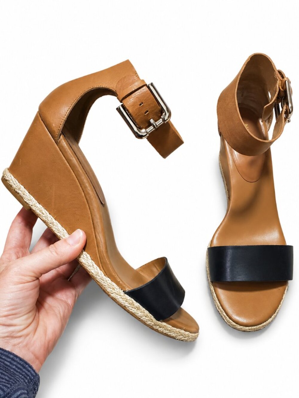 NINE WEST Ankle Strap Wedge Heels Shoes Leather Espadrille Brown Black Women's 9
